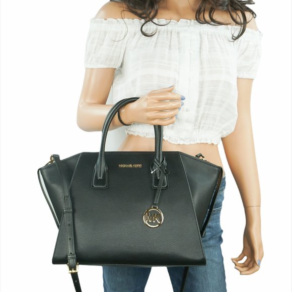 Michael Kors Avril Large Top Zip Satchel Shoulder Leather Bag Black